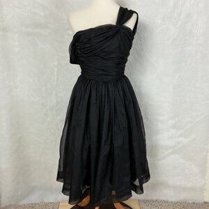 Vintage 30s 40s Black One Shoulder Chiffon Cocktail Midi Dress XXS/XS